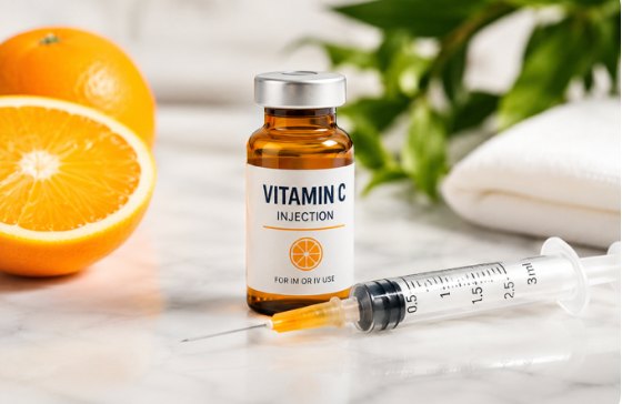 Vitamin C injection vial with oranges